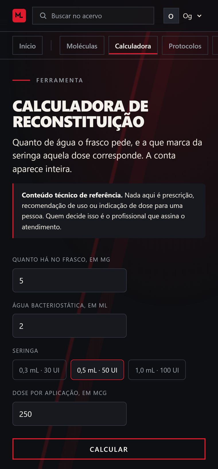 Calculadora de reconstituição no celular, com os campos do frasco e o resultado em unidades na seringa.