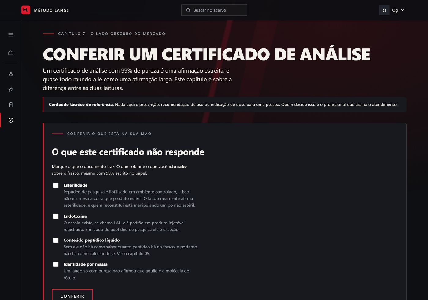 Tela de conferência de certificado de análise.