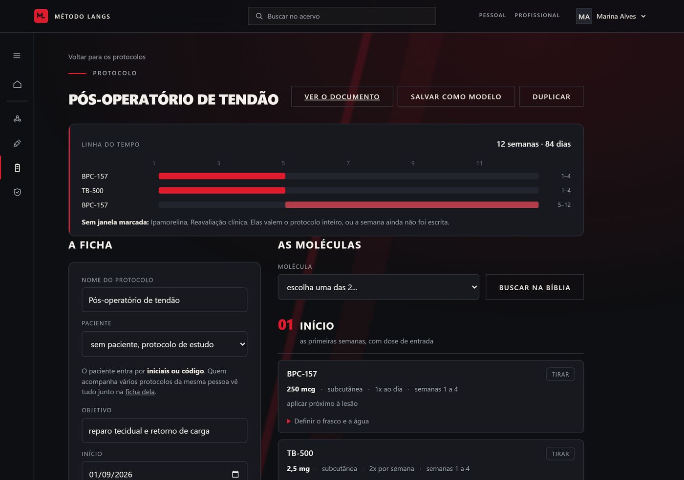Construtor de protocolo: linha do tempo de 12 semanas com uma barra por molécula, ao lado da ficha com nome, paciente, objetivo e duração.